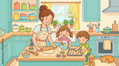 Cartoon Mom Cooking with Kids Illustration