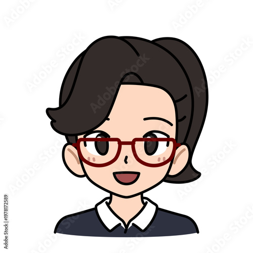 Cute cartoon woman wearing glasses with ponytail hairstyle, female avatar vector illustration.