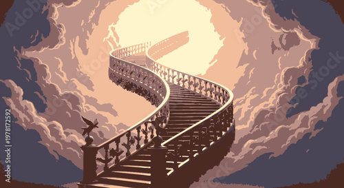 Ascending Stairway to Bright Light in Cloudy Sky, Hopeful Journey