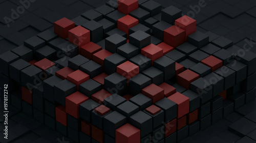 Dense arrangement of black and red cubes creates a modern abstract design.