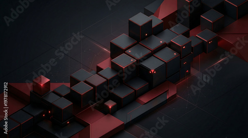 Isometric dark cubes with red glowing highlights, futuristic tech design