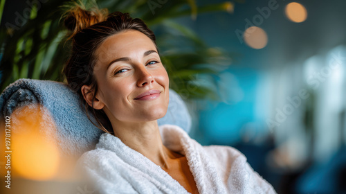 Relaxed woman in spa robe reclining in a lounge chair for wellness and relaxation background or banner use
