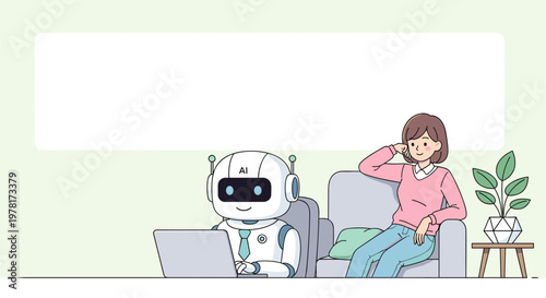 AI assistant working on laptop helping woman with tasks at home copy space