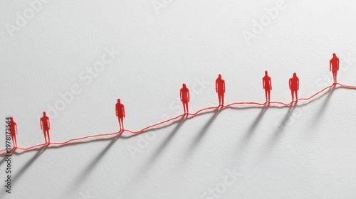 Minimalist composition with a single red thread connecting multiple small human figures
