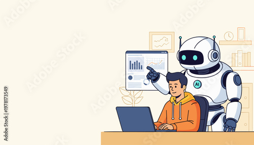 Futuristic AI robot assisting user with digital interface and data technology concept