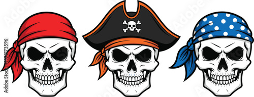 фотографія Set of pirate skulls with bandana and hat, detailed cartoon skeleton heads, adve