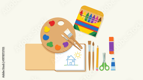 Artist paints colorful house with various art supplies nearby on table