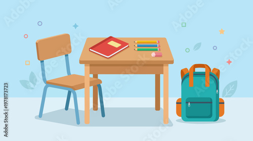 A classroom desk with chair and backpack set against a blue wall