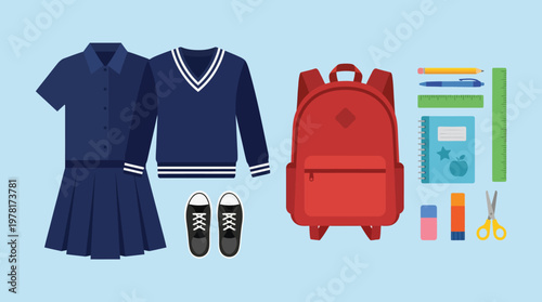School uniform and supplies arranged on a light blue background