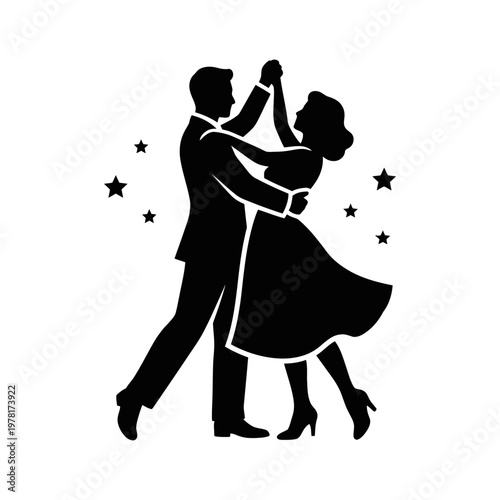 Retro disco dancing couple in seventies silhouette style