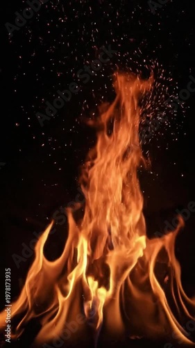 Bright orange flames rising against a black background, intense fire texture with floating sparks and embers.