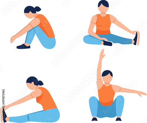 Woman in activewear performing various stretching exercises and yoga poses to improve flexibility and maintain physical health wellness