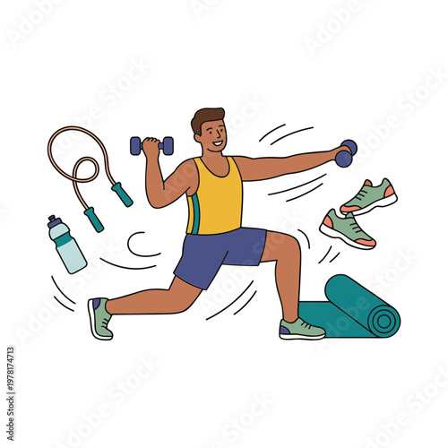 Man exercising with dumbbells and skipping rope in fitness class outdoors