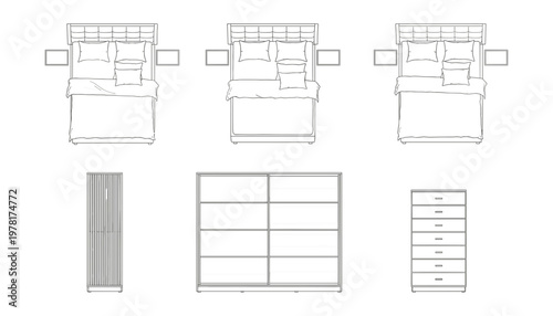 Bedroom Furniture Set with Beds, Wardrobe, and Dressers for Interior Design and Home Decor Illustrations