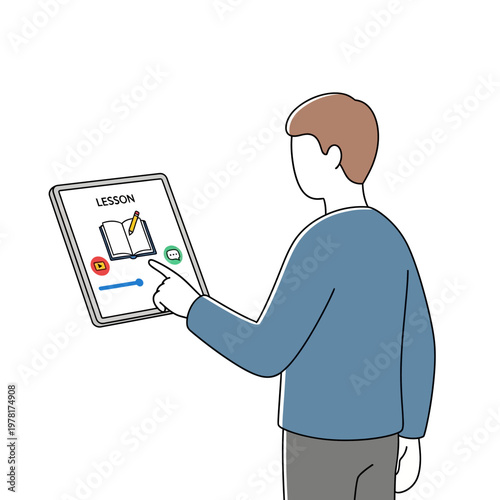 Man interacting with digital lesson screen.