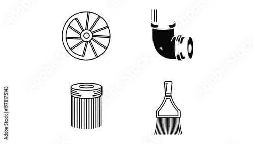 Hardware Elements Collection: A diverse compilation of essential hardware elements, each meticulously depicted in stark black and white, presenting a minimalist design for versatile use.