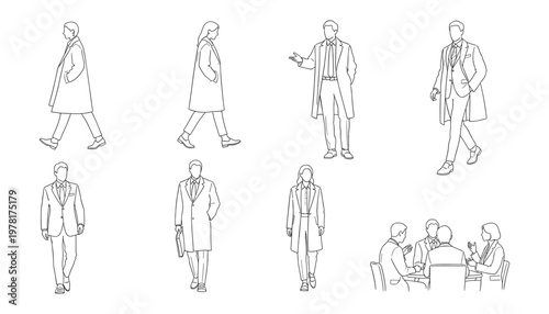 Line Art Illustrations of Business Professionals in Various Poses for Corporate and Workplace Designs