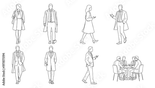 Line Art Illustrations of Professionals in Business Attire Walking, Talking, and Meeting for Workplace and Corporate Design