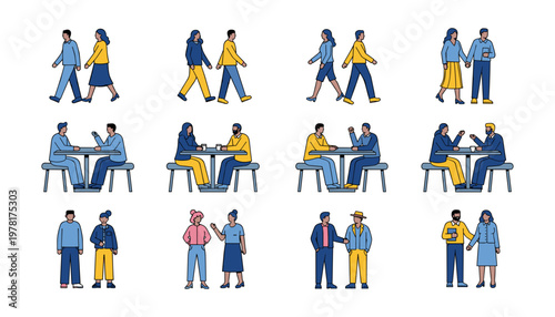 People Interaction Vector Set with Walking, Sitting, and Talking Couples in Casual Clothing