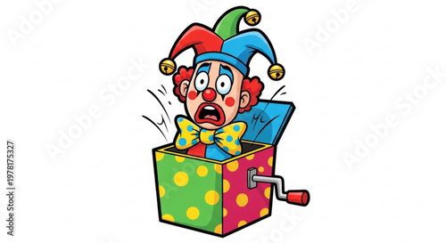 Scared clown popping out of a jack in the box cartoon illustration for surprise or prank concept isolated on white