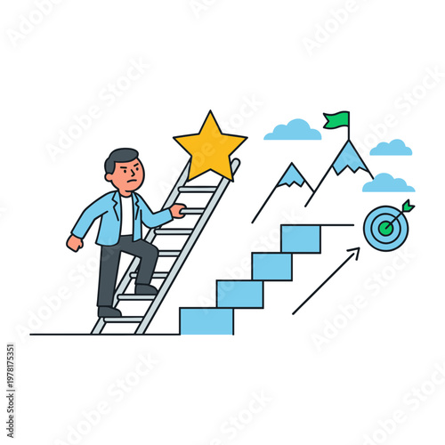 Businessman climbing stairs to reach star target with mountains ahead
