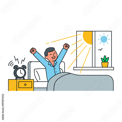 Man wakes up in bed with arms raised feeling happy at sunrise