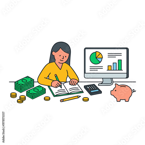Woman sitting at desk working on budget with calculator and piggy bank