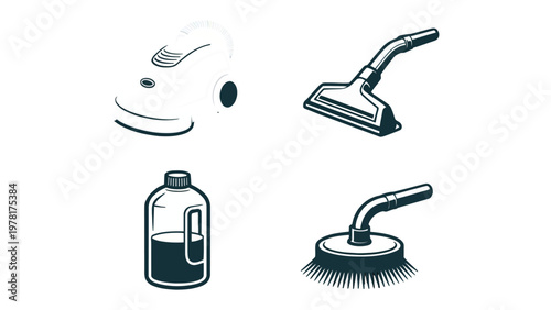 Cleaning Essentials: An illustrative depiction of cleaning tools. showing a vacuum cleaner, cleaning tools, brush and liquid for cleaning