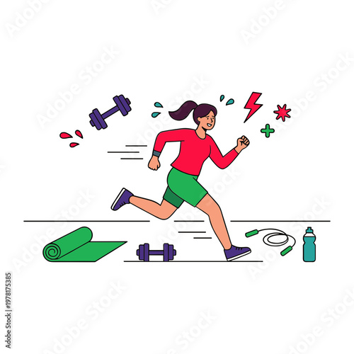 Woman runs quickly with fitness equipment around her on the gym floor indoors.