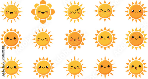 Set of cute cartoon sun characters with different facial expressions, smiling and happy weather icons isolated vector illustration for kids design