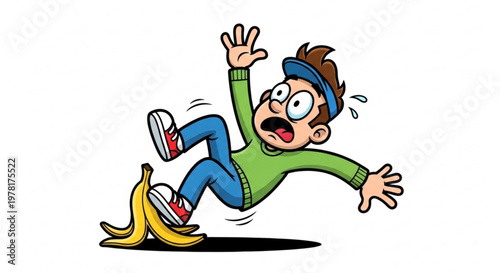 Man slipping on a banana peel cartoon illustration of a clumsy accident and danger isolated on white background for concept design