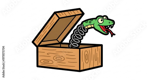 Cartoon jack in the box with a surprised snake popping out fun illustration for surprise or prank concepts isolated on white background