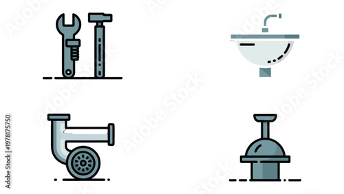 Plumbing Essentials: A collection of meticulously crafted illustrations showcases the essential tools and fixtures of the plumbing trade. 