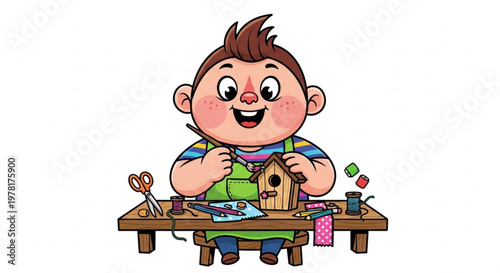 Happy child crafting a birdhouse engaged in a fun DIY project with tools and materials perfect for childhood creativity and hobby themes