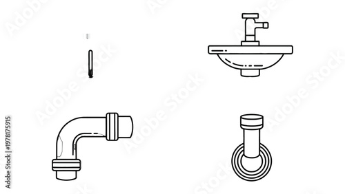 Plumbing fixture: Illustrated Plumbing elements, including a sink, faucet, pipe and plumbing joint against a neutral backdrop.
