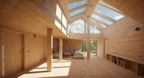 Modern Wooden Interior with Skylights, Natural Light, and Minimalist Design.