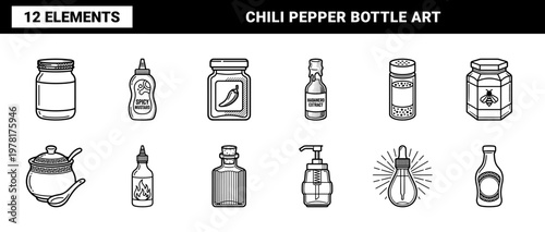 Spicy Sauce Bottle Line Art Asset Grid