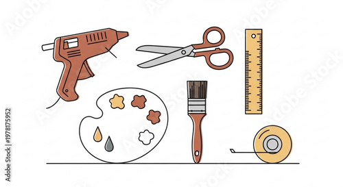 Collection of crafting and art supplies including a hot glue gun scissors ruler paint palette brush and tape flat vector illustration for creative projects