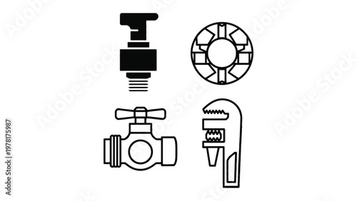 Mechanical Assembly Components: A meticulously crafted collection of mechanical assembly components, including a valve, ring, tap, and wrench, showcased in a clean, minimalist design.