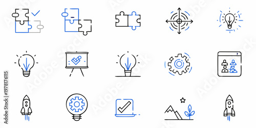 Collection of blue line icons representing problem solving and innovation