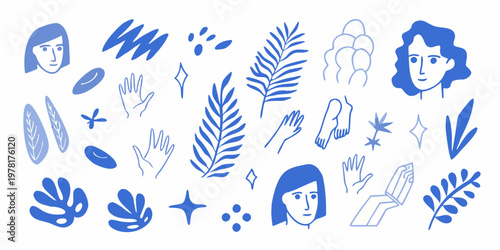 Abstract blue illustration featuring faces hands leaves and geometric shapes