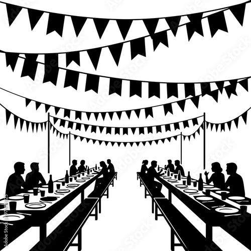 Picnic setup under festival flags in open outdoor space