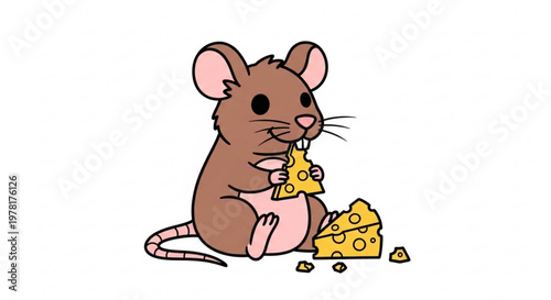 Cute cartoon mouse eating cheese a simple illustration for childrens books and playful designs isolated on white