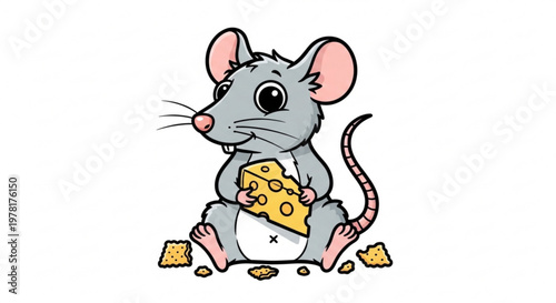 Cute cartoon mouse holding a big piece of cheese sitting with crumbs isolated on white background vector illustration for childrens books and food concepts