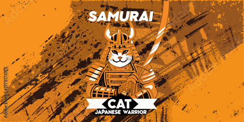 A whimsical samurai cat illustration against an orange textured background