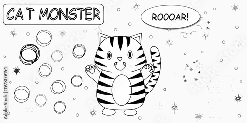 Cartoon cat monster roars amidst stars and orbiting rings