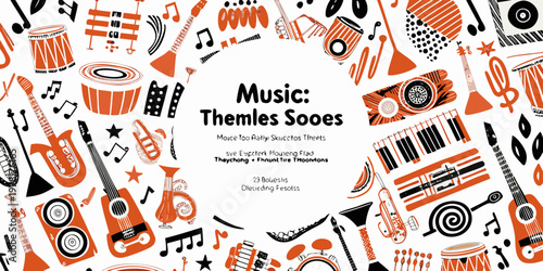 Colorful collage of musical instruments and notes on a white background