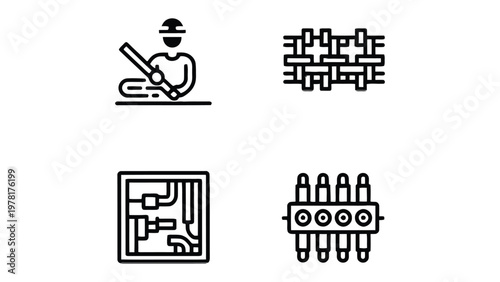Industry Icons: A set of clean, minimalist line icons, each representing different aspects of industry, from construction to intricate mechanisms.