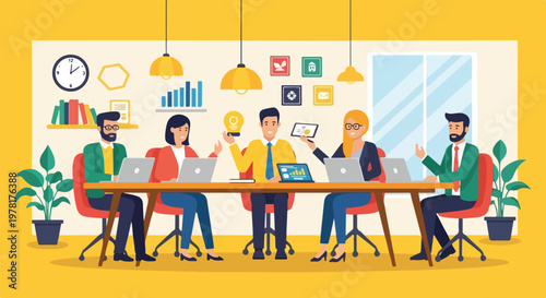 A team of five professionals collaborates around a table in a modern office, sharing ideas and using laptops during a productive meeting session.