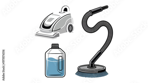 Essential Cleaning Kit: A detailed illustration showcasing the tools of the trade - the floor cleaner, flexible wand, and a bottle of solution, perfectly poised for tackling dirt.